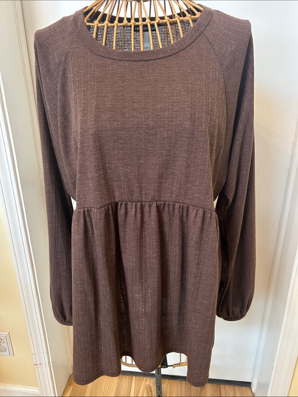 Ribbed Long Sleeve Peplum Dress in Brown